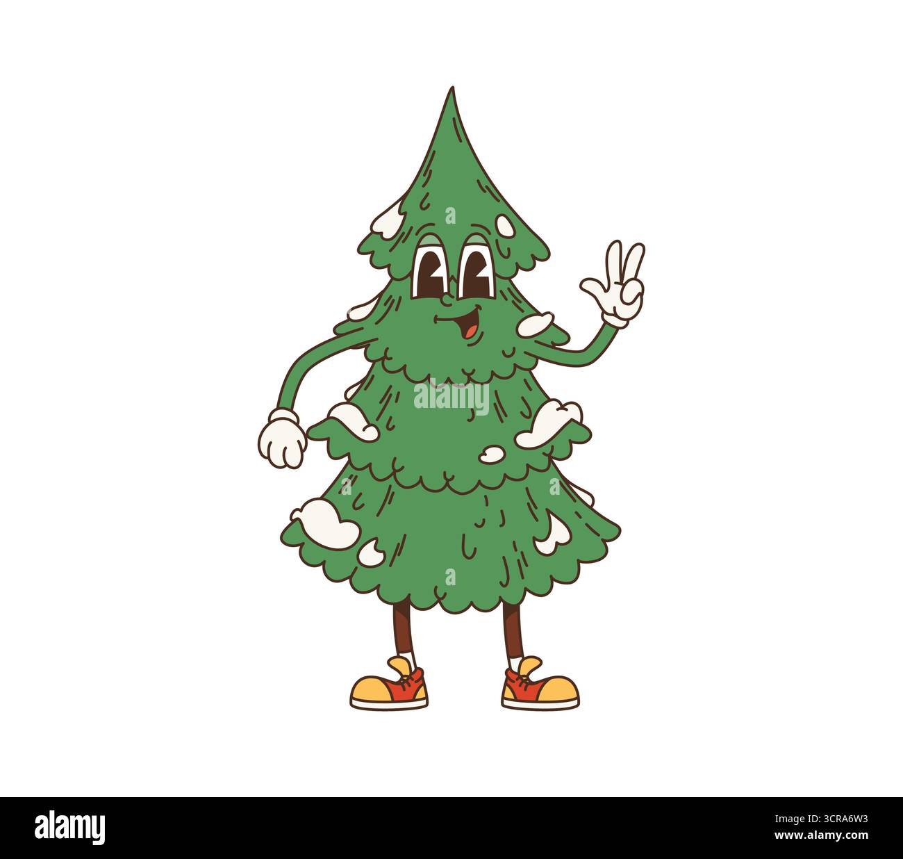 Personaggio cartoni animati dell'albero di Natale con un volto allegro. Pino verde decorato con macchie di neve, scarpe da ginnastica e guanti rossi, e che fa un gesto di pace, diffondendo vibrazioni hippie y2k Illustrazione Vettoriale