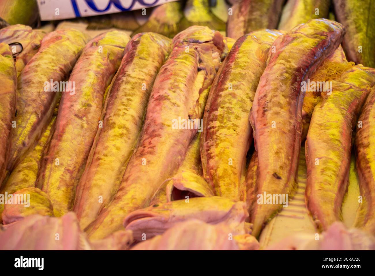 Molti pesci rosa si allineano al mercato del pesce in Cile, tradizionale pescivendolo con prodotti freschi e colorato display alimentare Foto Stock