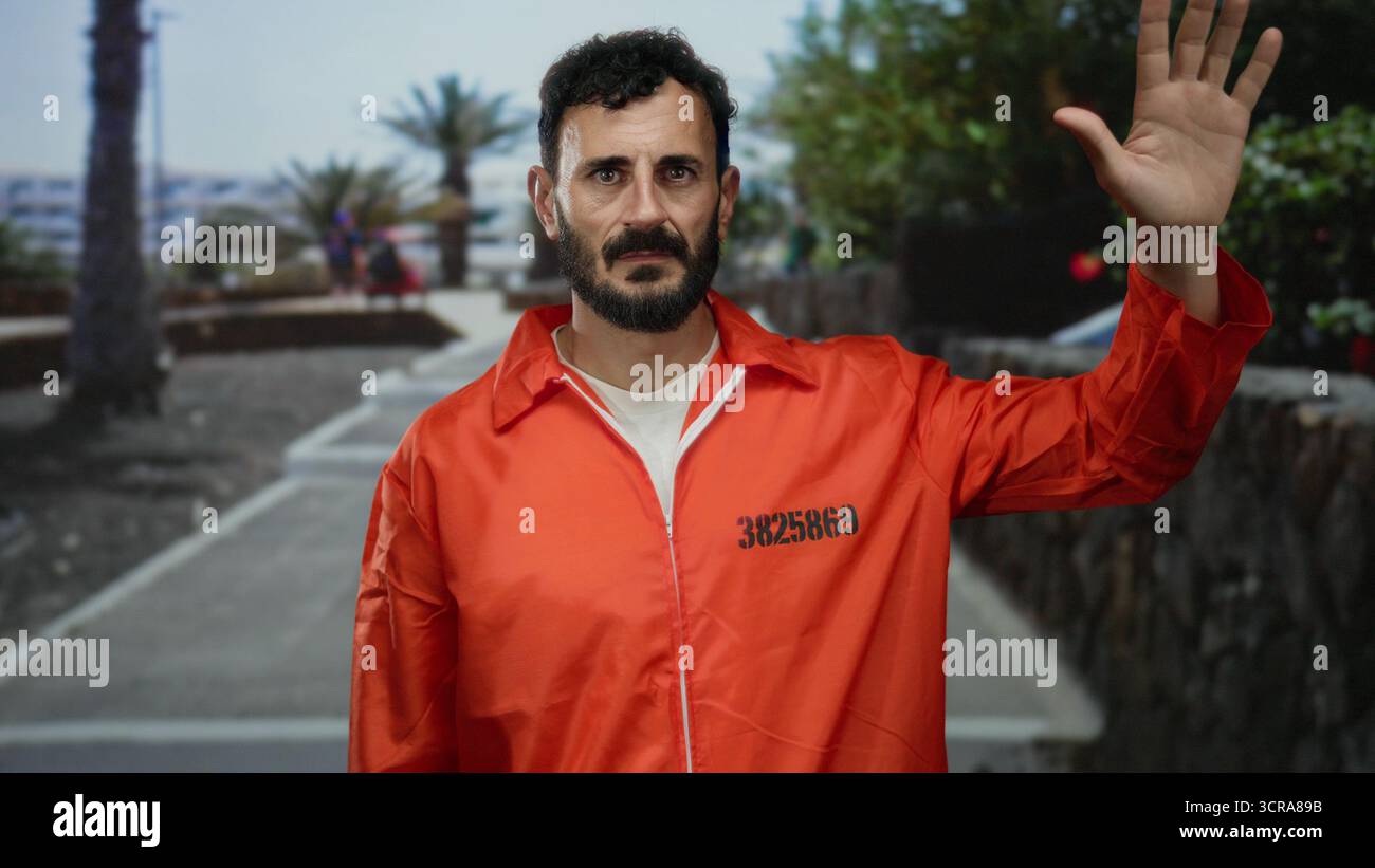 Uomo ispanico nella tuta arancione della prigione all'aperto alzando la mano su una strada costeggiata da palme e vegetazione, creando un contrasto tra il confinamento A. Foto Stock