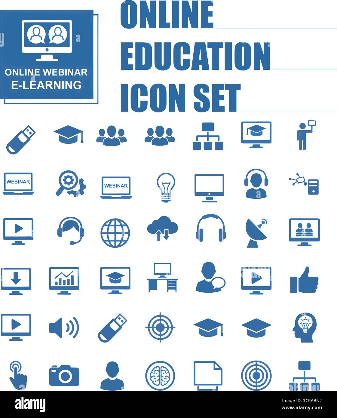 Set di icone di formazione online, icone di e-learning, insegne scolastiche online a distanza, elearning, e-Education digitale, chat, corso audio, sito web didattico, Illustrazione Vettoriale