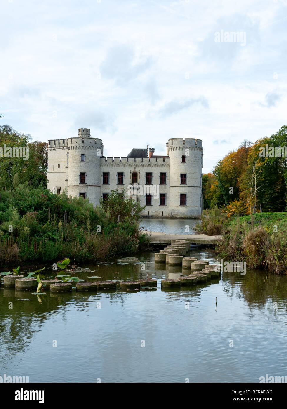 Castello di Bouchout circondato da acqua e alberi autunnali nel giardino botanico nazionale di Meise, Brabante fiammingo, Belgio Foto Stock