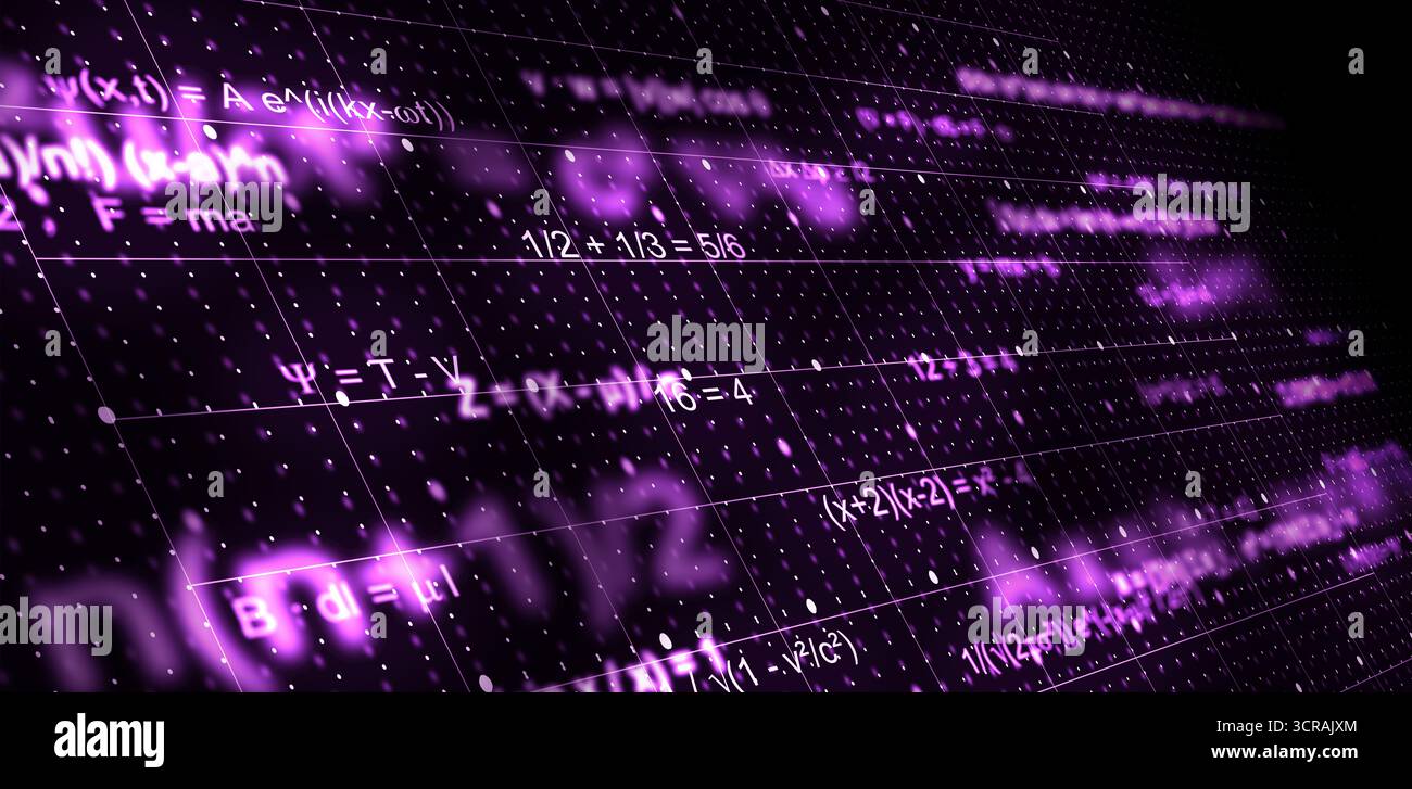 Background scientifico astratto violetto con equazioni matematiche complesse, notazioni fisiche e algebra che si illuminano su griglia futuristica. Ideale per le rese Foto Stock