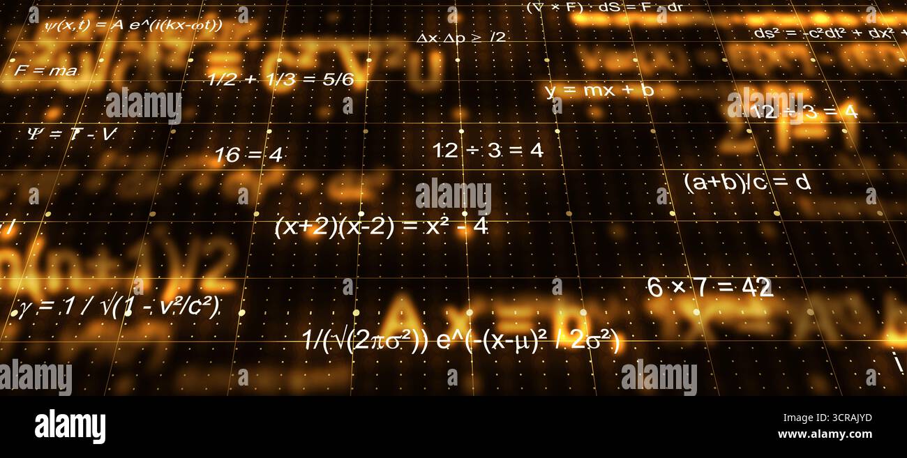 Background astratto di scienza dell'oro con equazioni matematiche, formule algebriche e notazioni fisiche che brillano su griglia futuristica. Ideale per STE Foto Stock