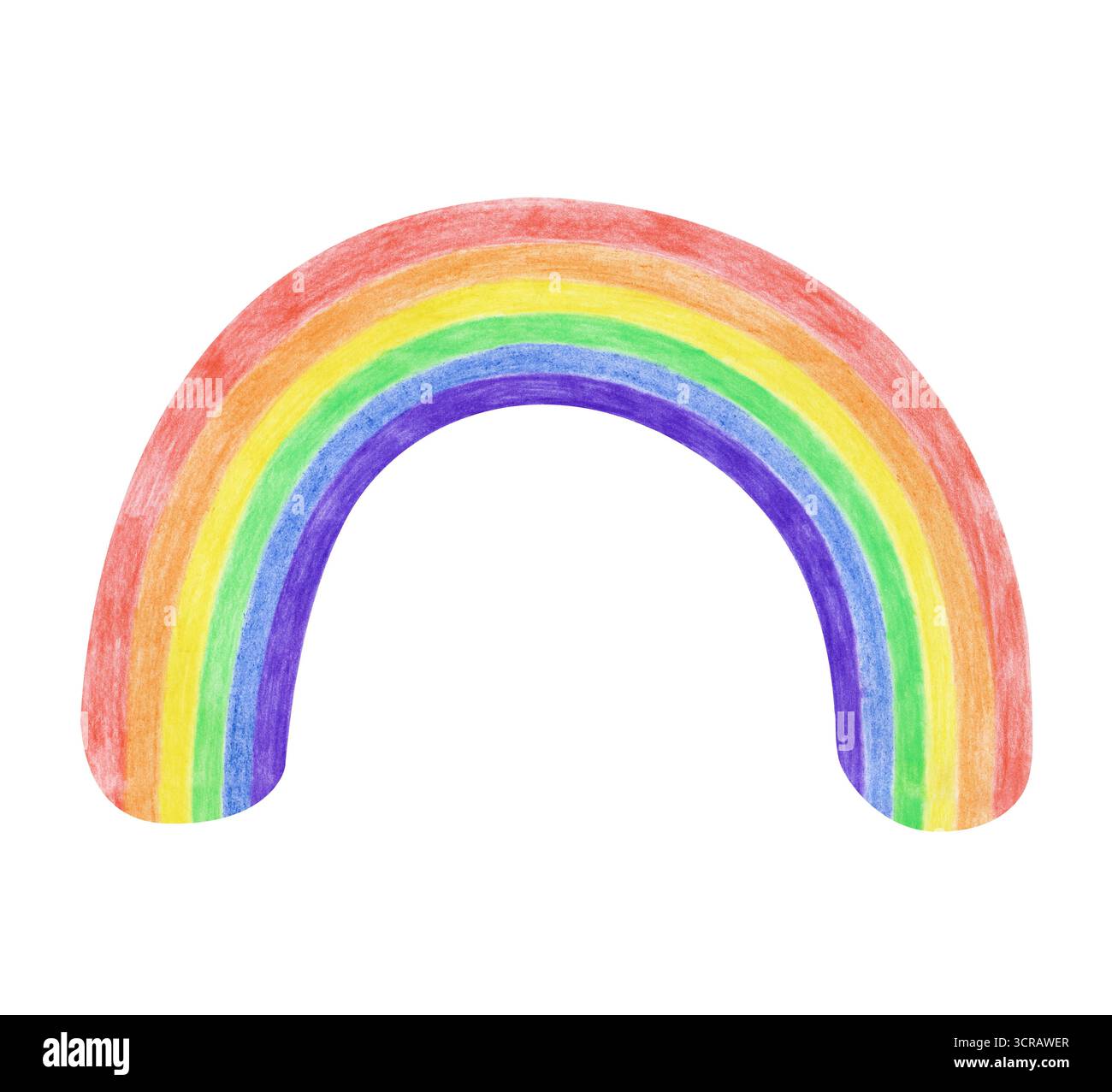 Disegnare un arcobaleno con matite colorate. Il disegno di un figlio di un arco curvo di un arcobaleno multicolore è isolato su uno sfondo bianco. Clipart Foto Stock