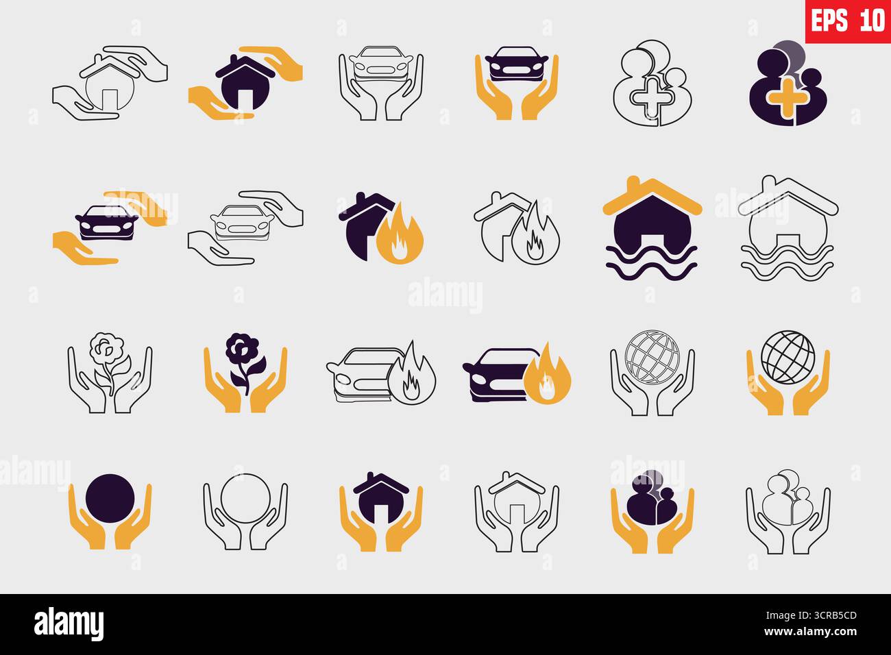 Collezione icona assicurazione. Colore Duotone. Illustrazione vettoriale. Contenente assicurazione, protezione, politica sulla privacy, consegna, auto, utente, assicurazione di viaggio Illustrazione Vettoriale