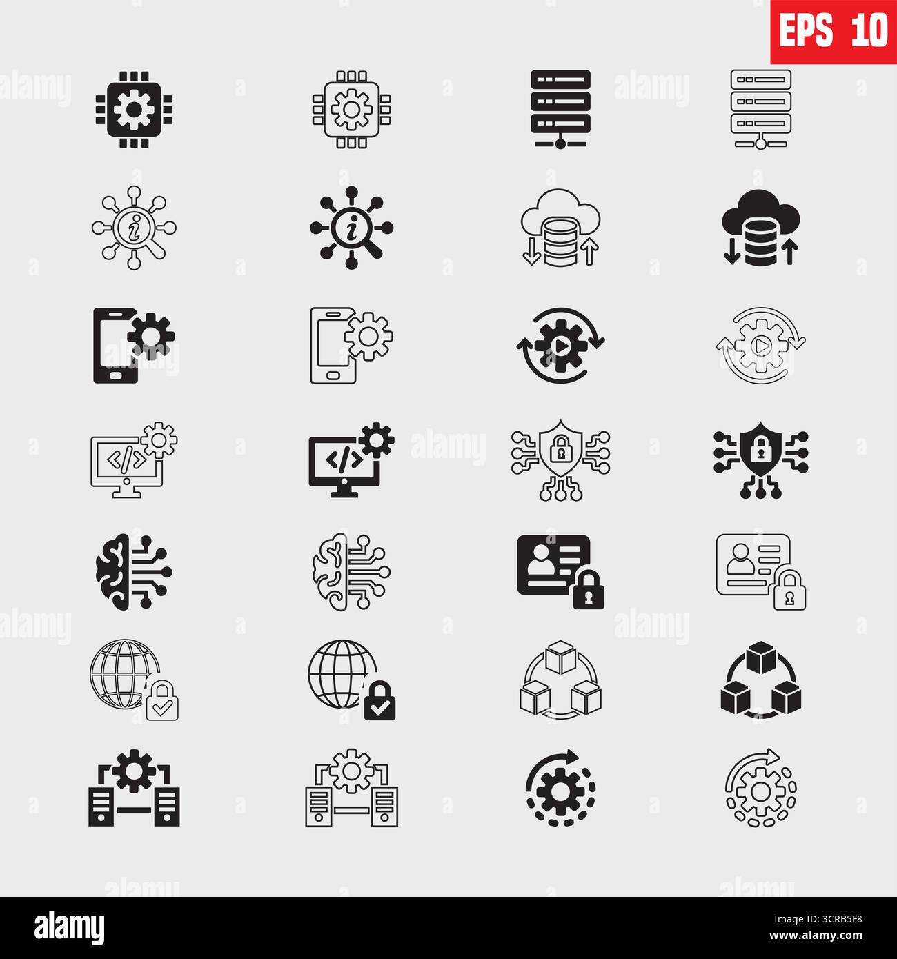 Set di icone Information Technology. Contenente cloud computing, responsabile IT, big data, analisi dei dati, Internet, sicurezza della rete e altro ancora. Vettori solidi Illustrazione Vettoriale