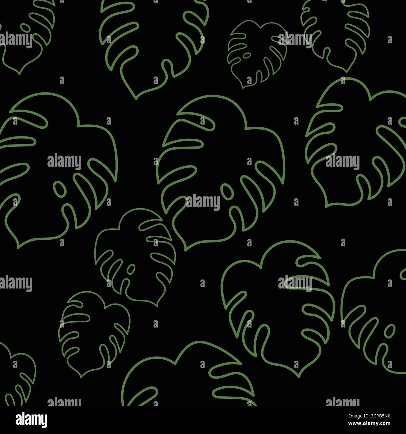 Sfondo nero scuro con stile Monstera Leaf Doodle Line Illustrazione Vettoriale