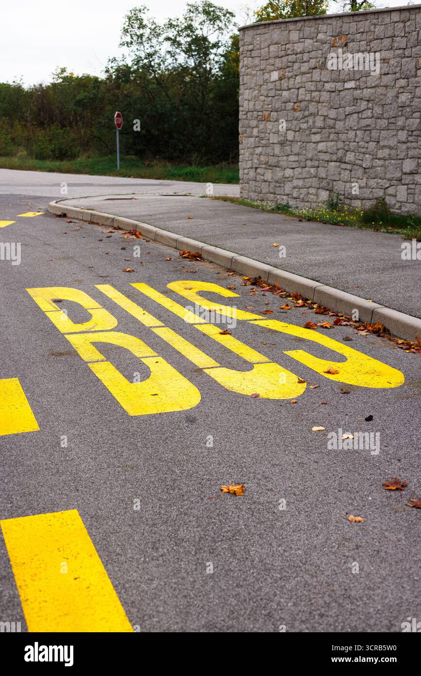 Segnaletica stradale gialla della fermata dell'autobus che simboleggia i trasporti, la mobilità, i viaggi e le infrastrutture pubbliche. Foto Stock