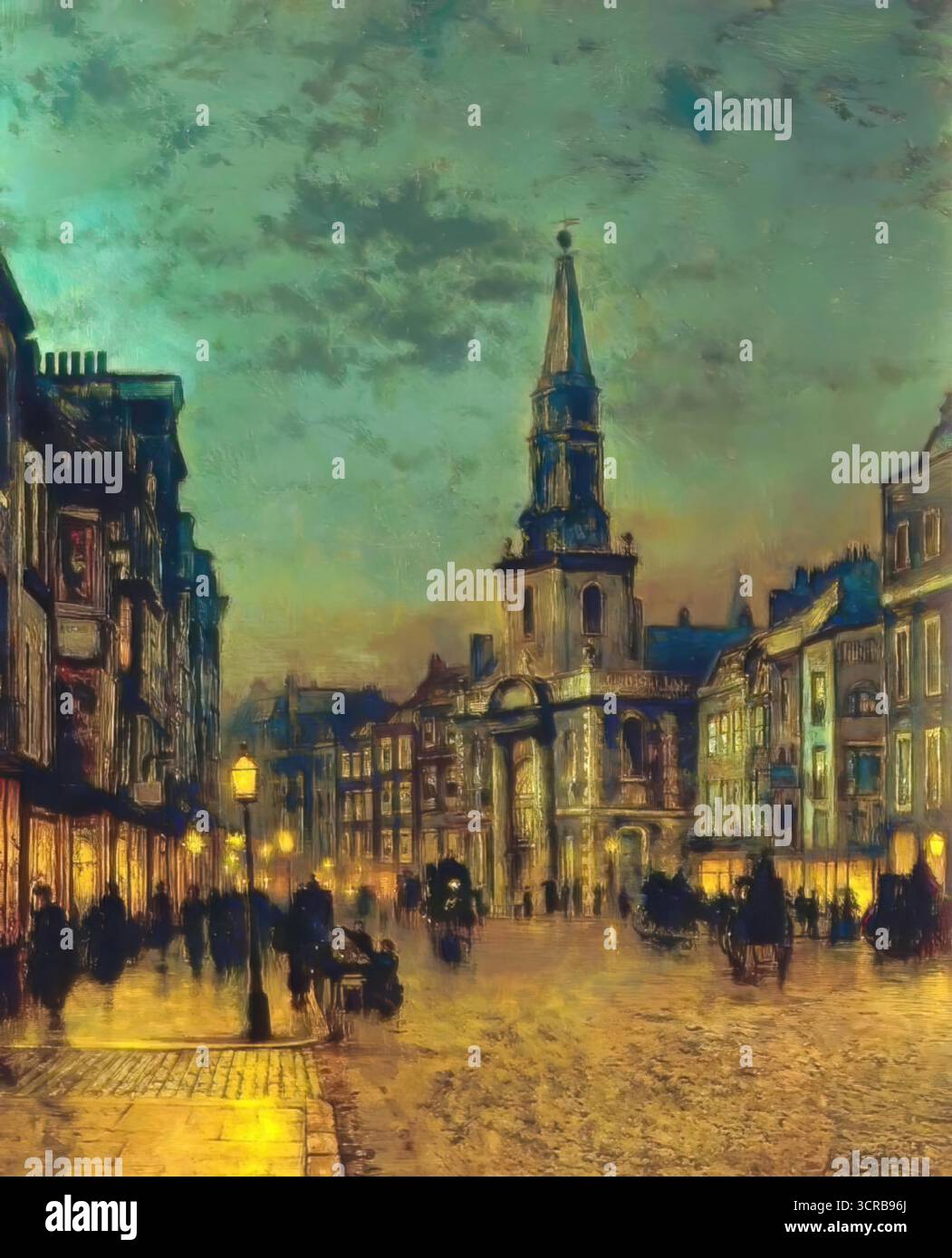 John Atkinson Grimshaw, Blackman Street, Borough, Londra (1885), strada notturna vittoriana con lampade a gas che riflettono su ciottoli bagnati e aria nebbiosa. Illustrazione Vettoriale