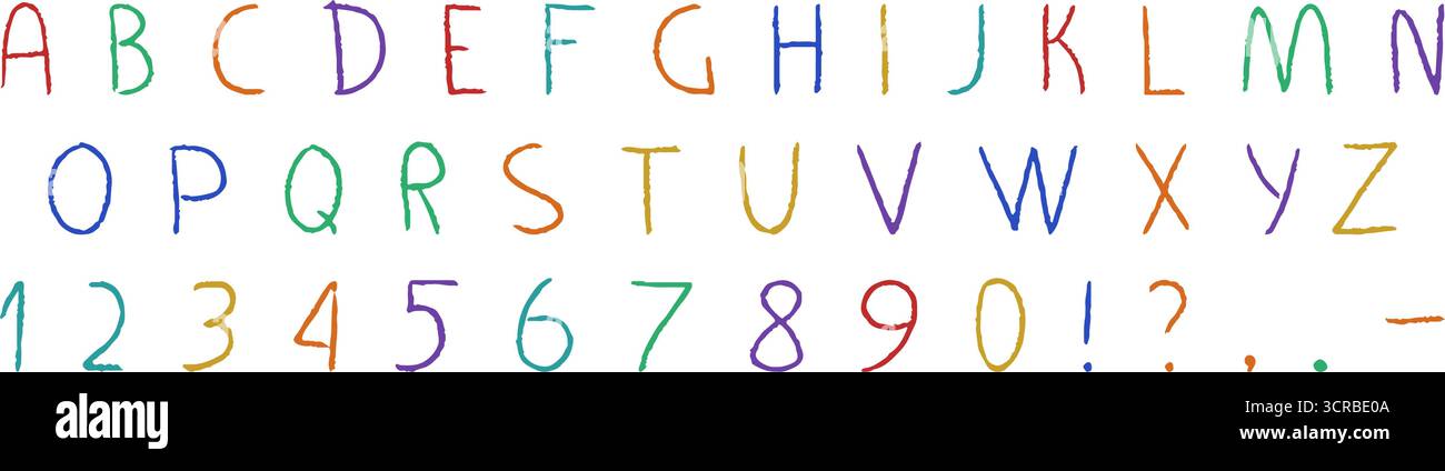 Lettere e numeri inglesi colorati disegnati in pastello, impreziositi da divertenti scarabocchi su tela bianca. Illustrazione Vettoriale