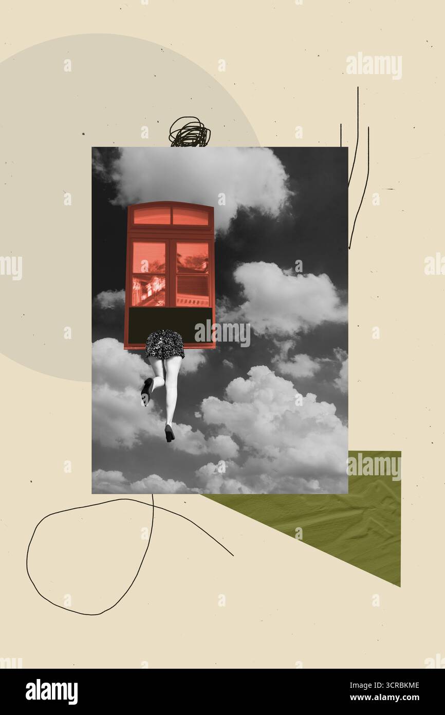 Immagine di schizzo composito disegno collage di poster giovane donna mezzo corpo gambe corsa finestra nuvola cielo urbano ritratto illustrazione moda sogno Foto Stock