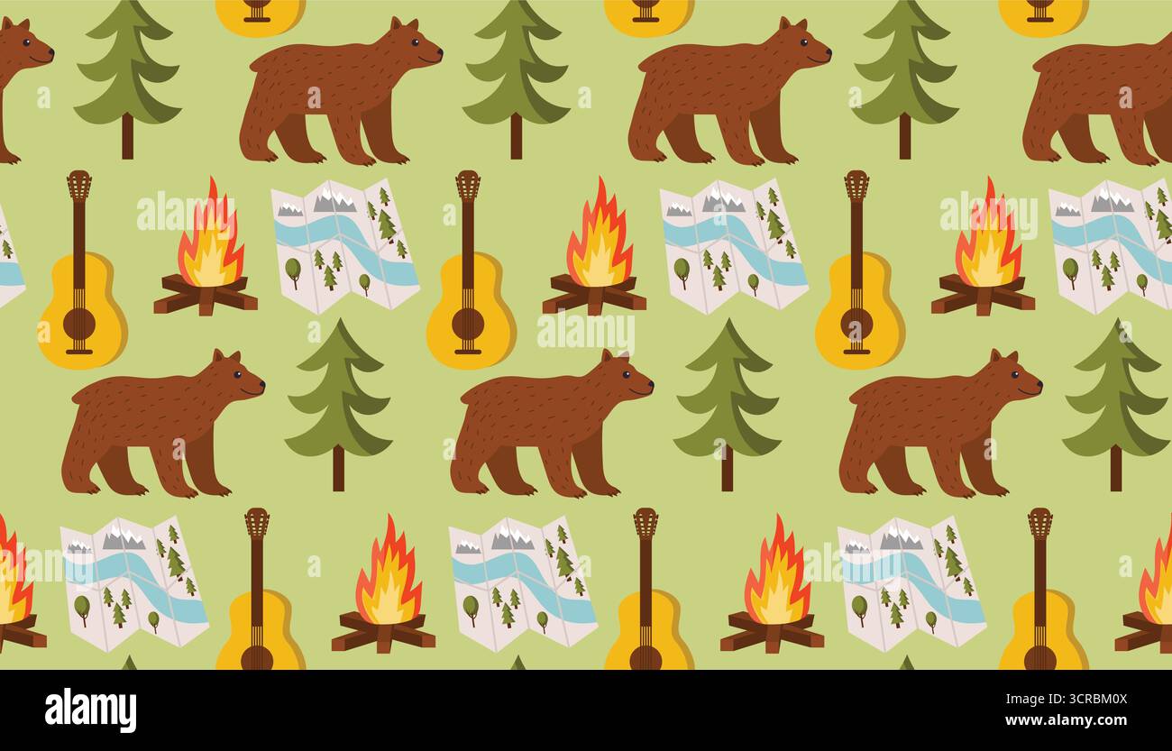 Tema campeggio senza cuciture con orso marrone, falò, mappa stradale, abete rosso e chitarra su sfondo verde chiaro in stile cartoni animati piatto. Natur carino Illustrazione Vettoriale