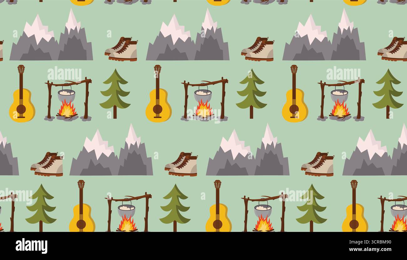 Tema campeggio senza cuciture con montagne, falò, scarponi da trekking, abete rosso e chitarra su sfondo verde chiaro in stile cartoni animati piatto. Carina na Illustrazione Vettoriale
