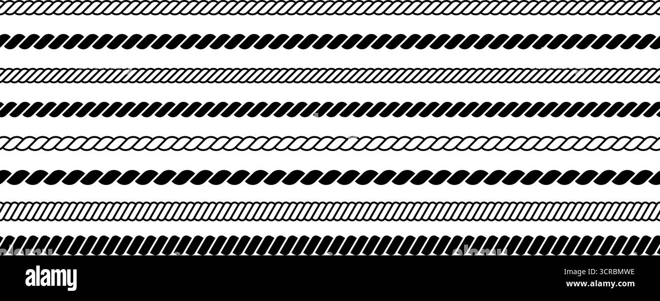 Schema della linea della fune. Bordo del cavo intrecciato. Trama della filettatura del pennello. Ornamenti vintage nautici vettoriali in fila isolati su sfondo bianco. Illustrazione Vettoriale