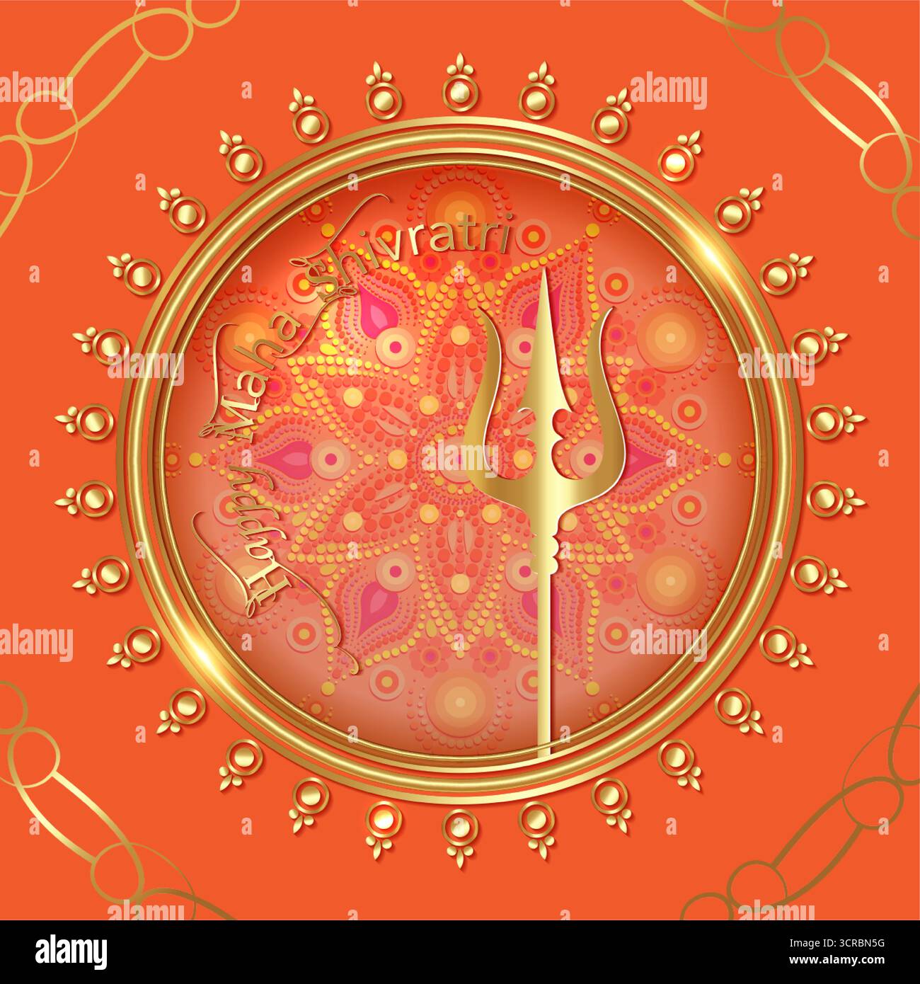Festival indiano indù Maha Shivratri modello di design per striscioni. Illustrazione vettoriale decorata in stile mandala di lusso dorato su sfondo arancione Illustrazione Vettoriale