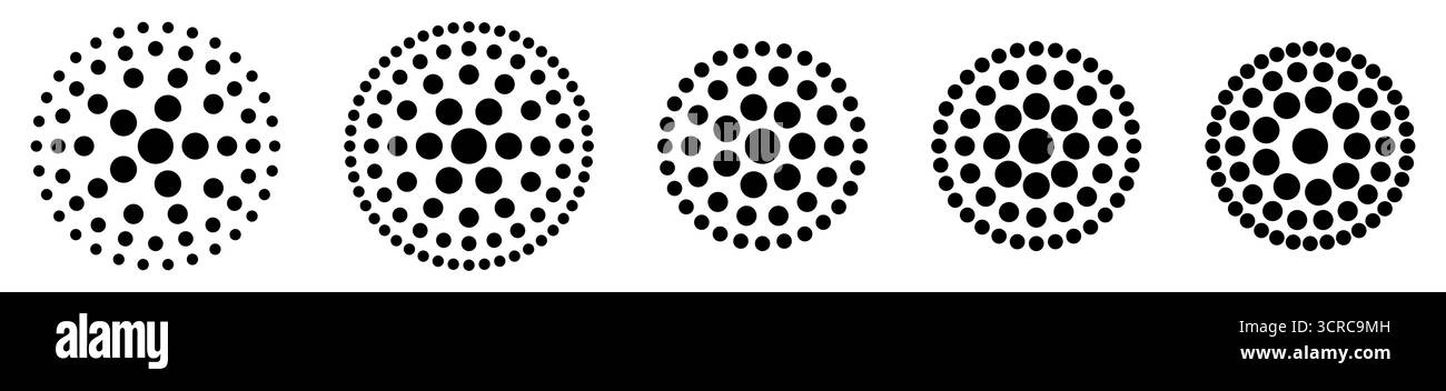 Set di piccoli cerchi concentranti irradiano dal centro formando un oggetto rotondo più grande, versione con 5-9 raggi Illustrazione Vettoriale