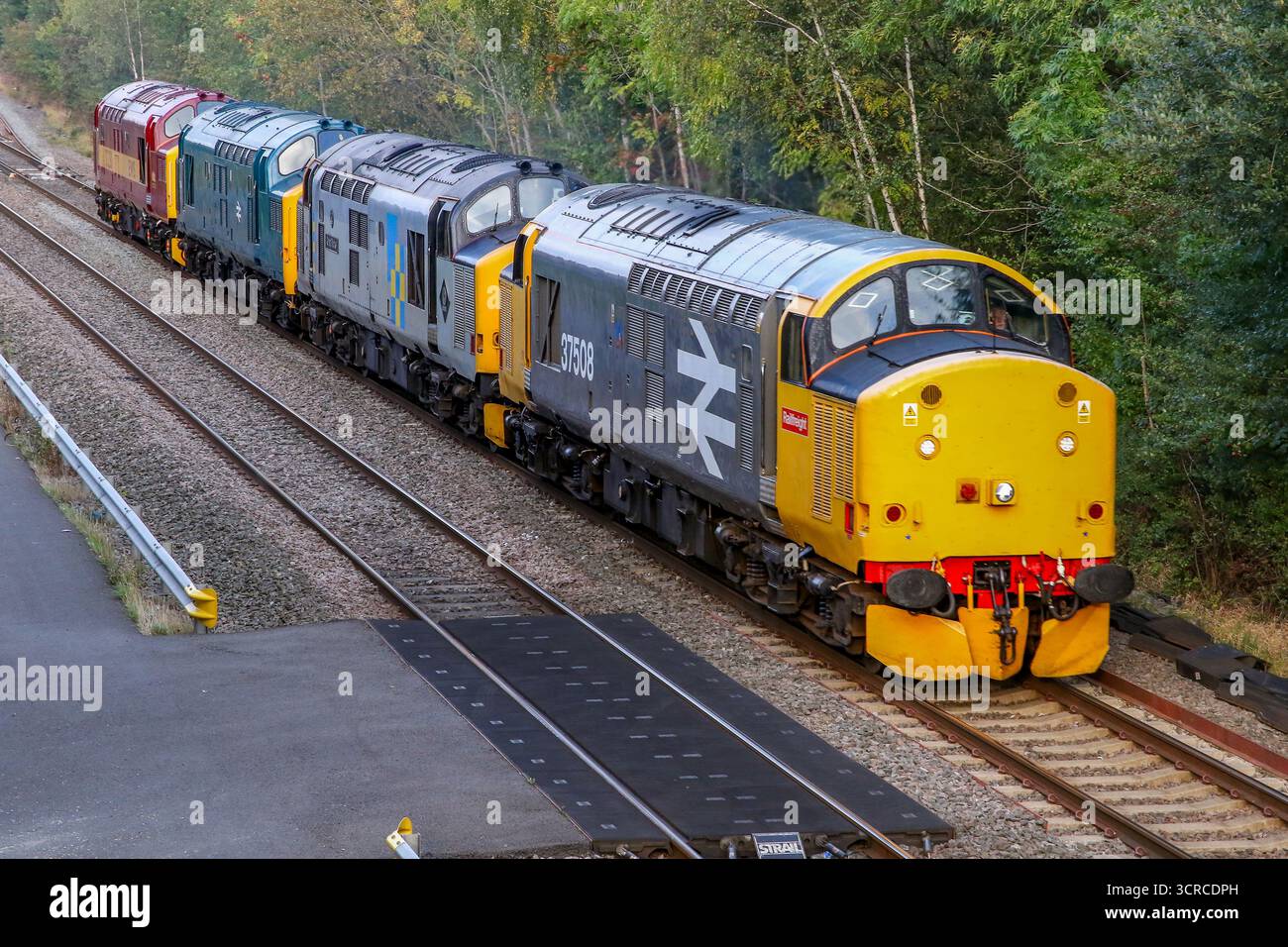 Sunnyhill, Regno Unito 30/09/2025 2025: Convoglio della classe 37 n. 37508 n. 37688 n. 37 264 n. 37250 sulla 0Z08 per Northallerton fino alla Kidderminster Severn Valley Railway. Foto Stock