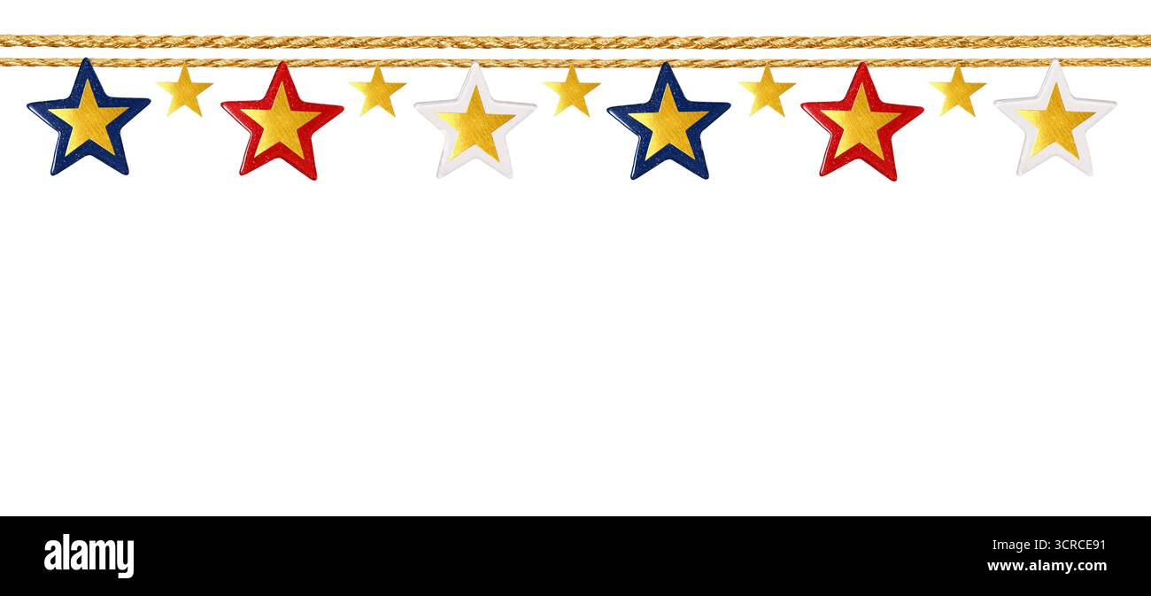 Confine festoso con una ghirlanda di stelle nei colori della bandiera americana su una corda dorata, isolata su uno sfondo bianco. Foto Stock