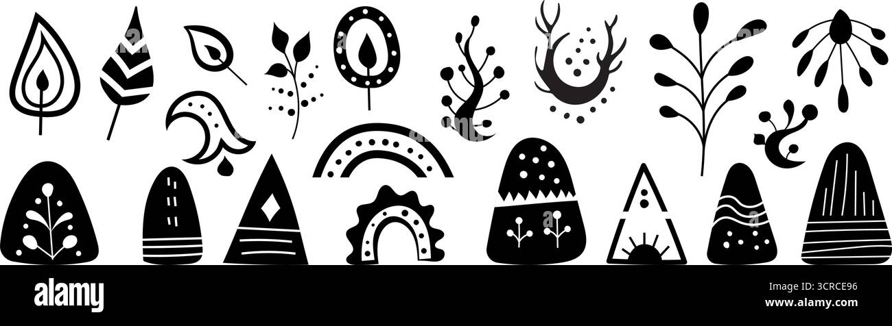 Un vasto assortimento di disegni in bianco e nero mostra rappresentazioni astratte di foglie, fiori, alberi e forme geometriche. Illustrazione Vettoriale
