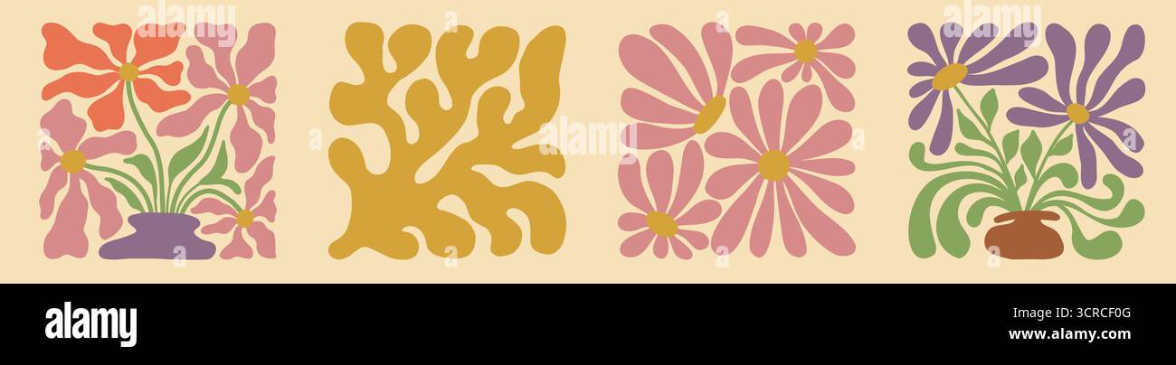 Forme d'onda curve intrecciate con elementi floreali, che catturano le tendenze del design retrò. Illustrazione Vettoriale