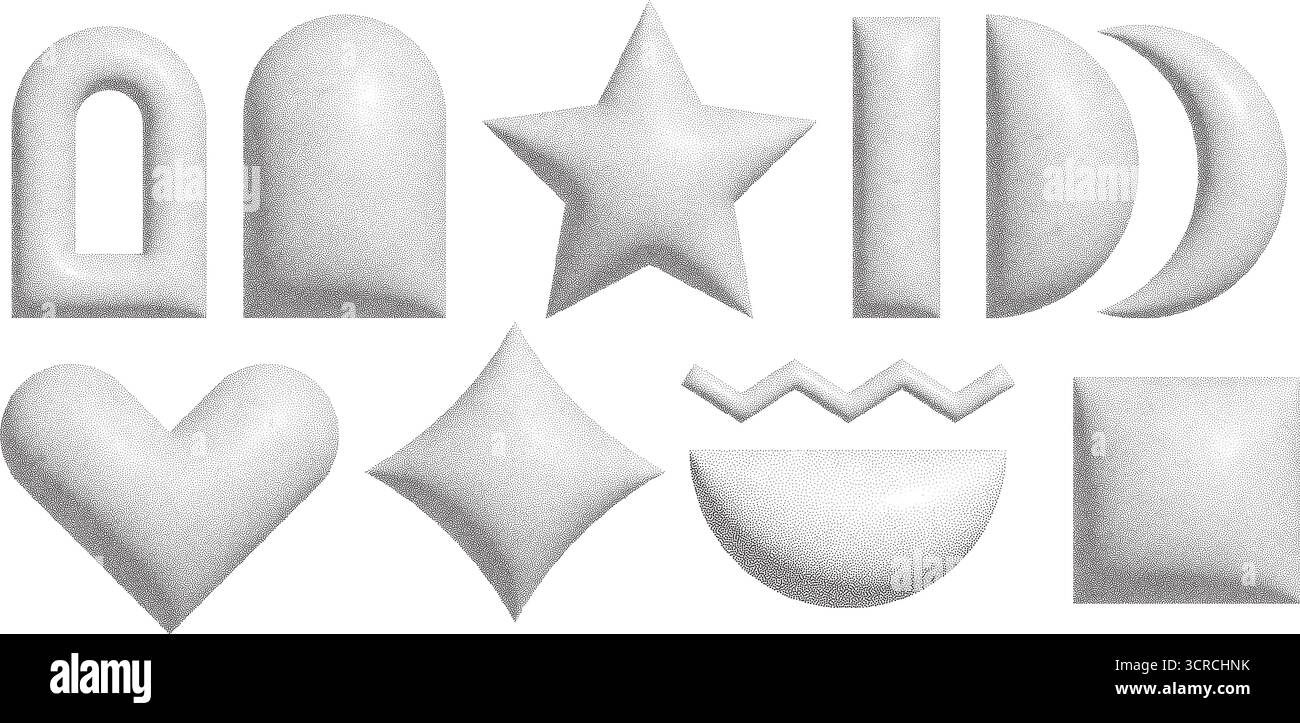 Una collezione di forme geometriche volumetriche progettate con gradienti mezzitoni, perfette per un moderno design digitale. Illustrazione Vettoriale