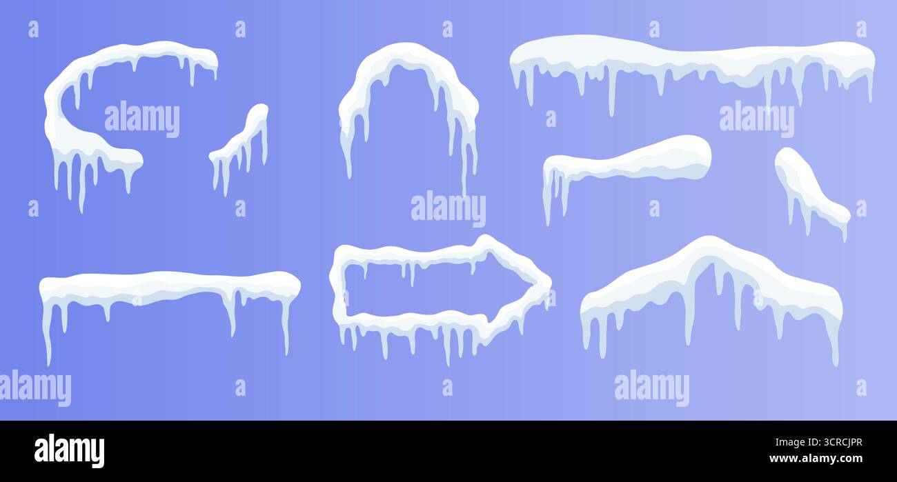 Un set di cornici vettoriali snowcap in diverse forme, arricchite da ghiaccioli per decorazioni e design natalizi invernali. Illustrazione Vettoriale