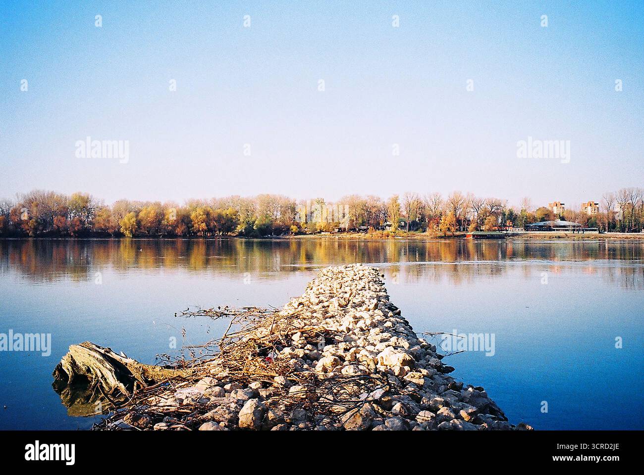 Calmo autunno sul Danubio visto dalla riva. Foresta illuminata dal sole dai colori forti, il molo di pietra raggiunge l'acqua ferma. Ripresa su pellicola: Rilassante vista analogica. Foto Stock