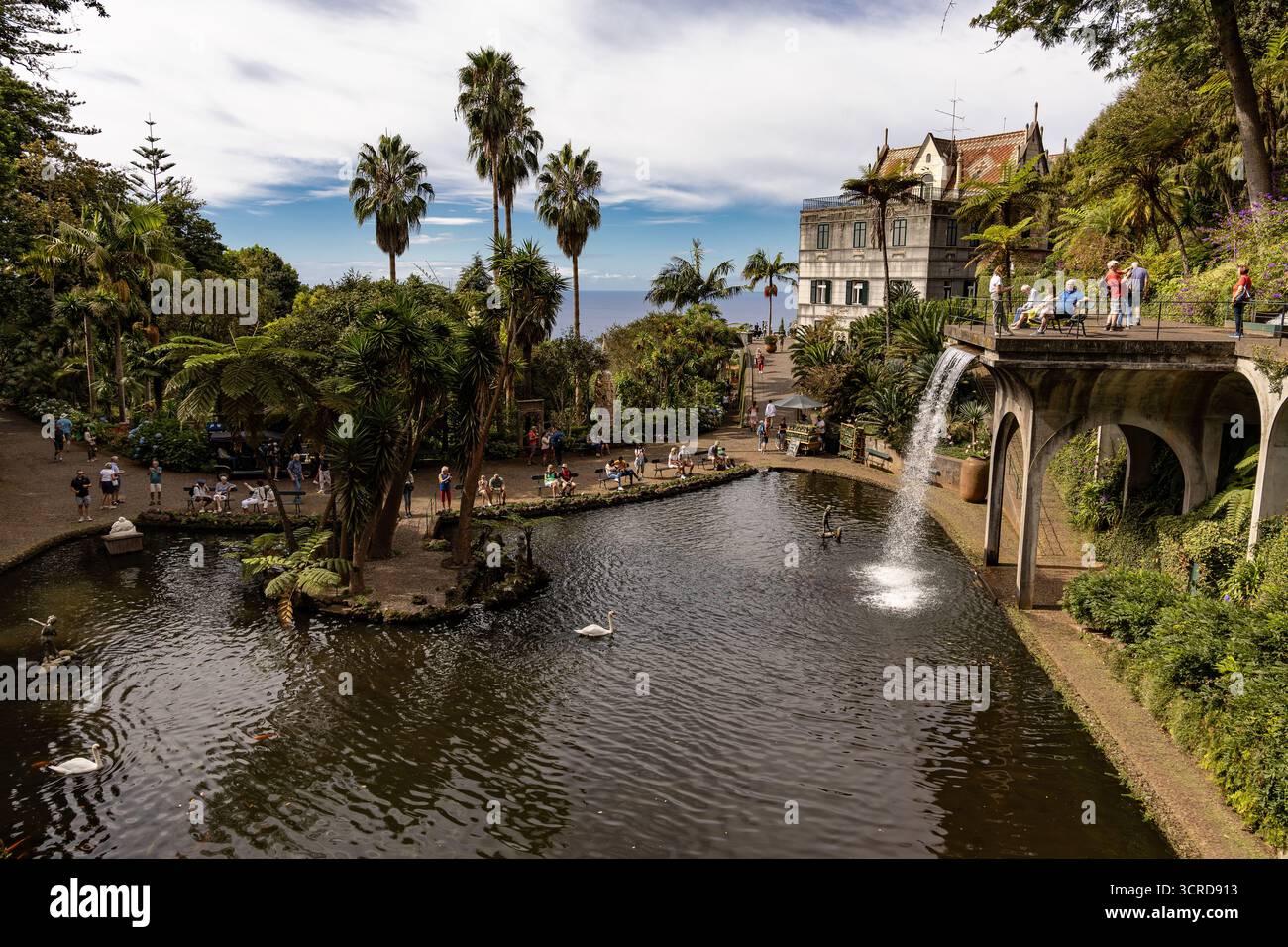 Vista panoramica di un lussureggiante giardino con palme, laghetto e persone che camminano lungo i sentieri vicino a una cascata Monte Palace giardini tropicali di Madeira. Foto Stock