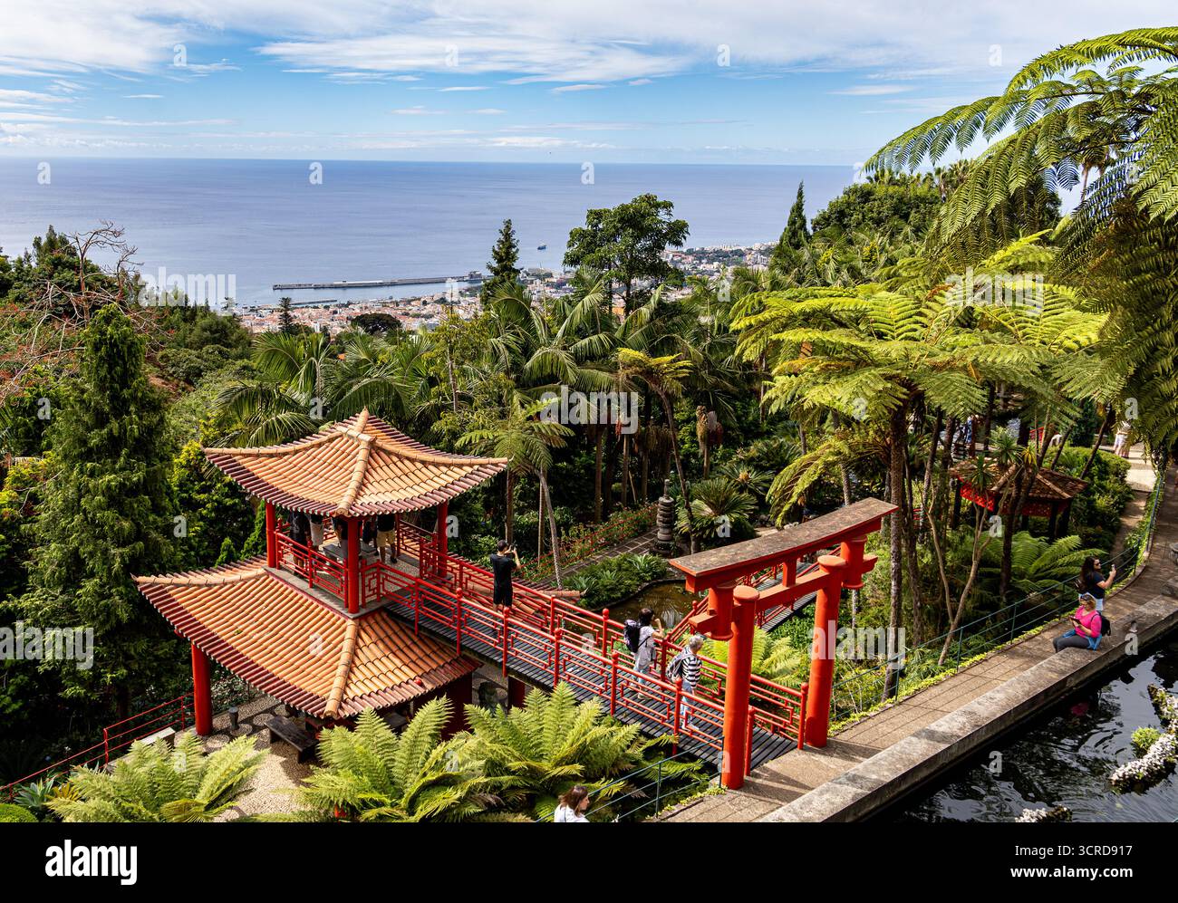 Vista panoramica dei giardini tropicali del Monte Palace di Madeira con tradizionale architettura asiatica che si affaccia sull'oceano e sul paesaggio urbano sullo sfondo Foto Stock
