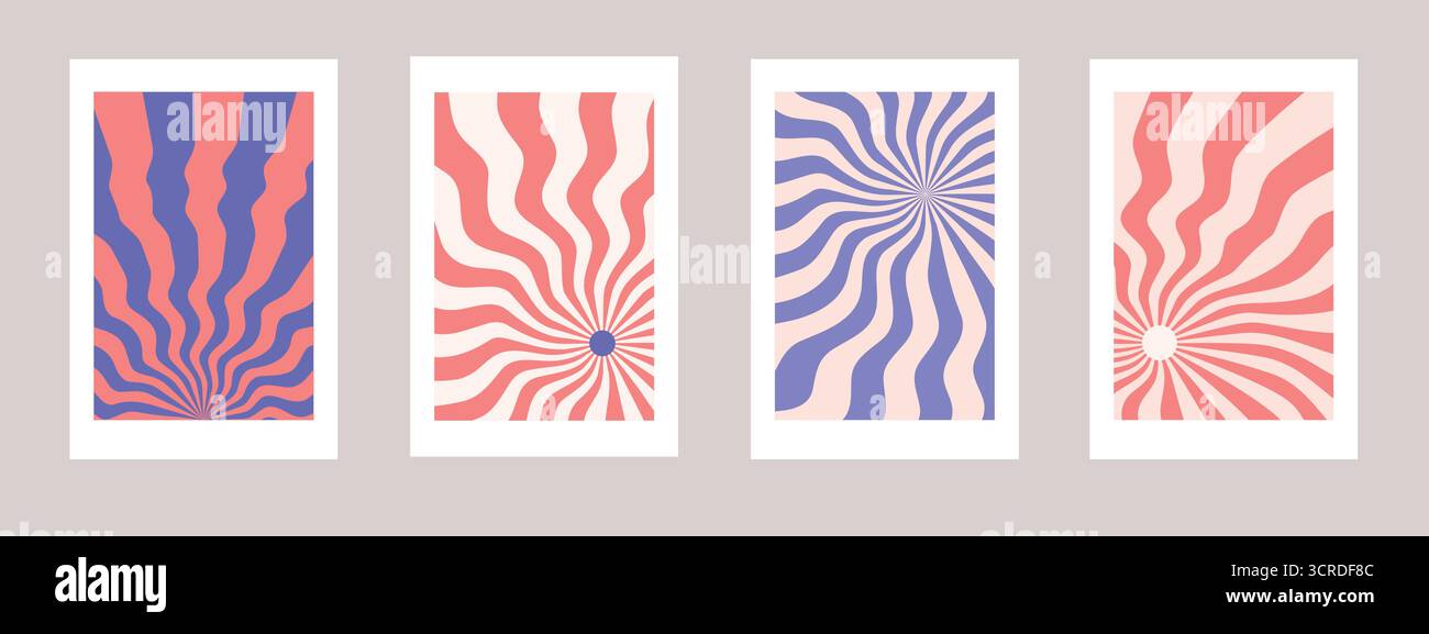 Serie di poster a spirale scanalati. Pattern vettoriali di stelle radiali in cornici bianche Illustrazione Vettoriale