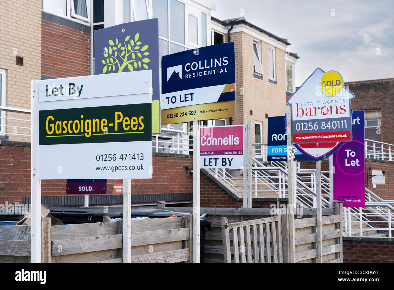 Cartelli degli agenti immobiliari del Regno Unito che mostrano le proprietà in vendita e in locazione. Concetto - crollo del mercato immobiliare, prezzo medio delle case nel Regno Unito, mercato immobiliare, prezzi in aumento Foto Stock