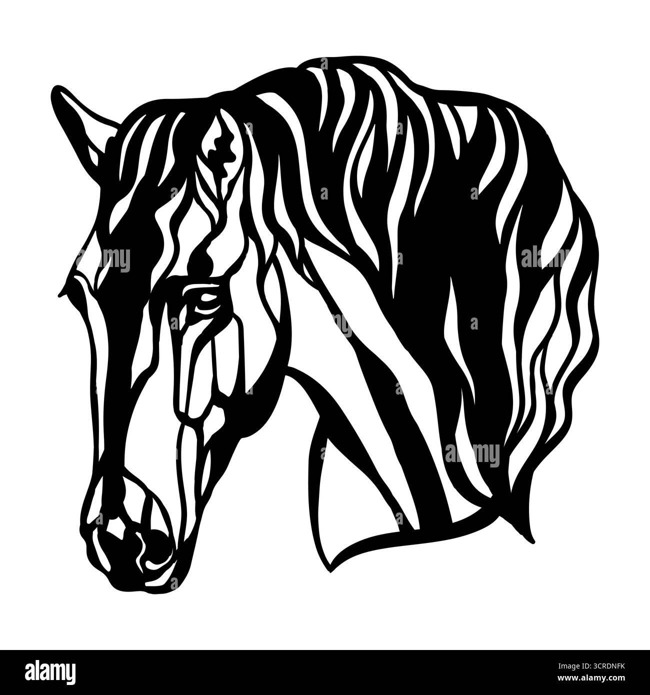 Profilo testa di cavallo. Stile disegnato a mano. Illustrazione vettoriale in bianco e nero. Sagoma per legno, metallo, taglio laser, progettazione di schede, interni Illustrazione Vettoriale