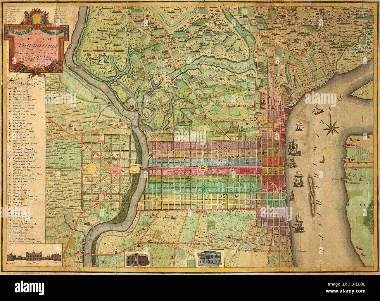 Mappa storica delle strade di Philadelphia di P. C. Varte, che mostra la disposizione della città lungo il fiume Delaware. Stati Uniti. 1802. Foto Stock