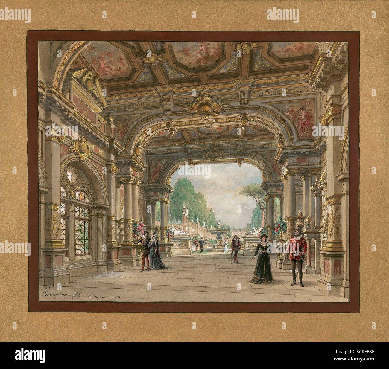 Scenografia di Philippe Chaperon per l'opera Les Huguenots di Giacomo Meyerbeer, atto I. Théâtre National de l'Opéra, Palais Garnier. Parigi, Francia. 1896. Foto Stock