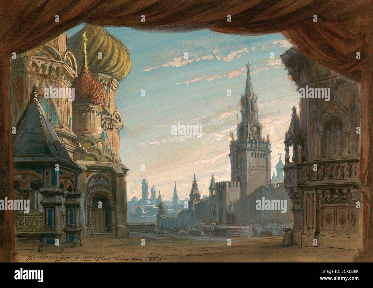 Scenografia di Philippe Chaperon per l'atto V dell'opera Dimitri del Victorin Joncières, raffigurante la Piazza Rossa con la Cattedrale di San Basilio e il Cremlino. Parigi, Francia. 1876. Foto Stock