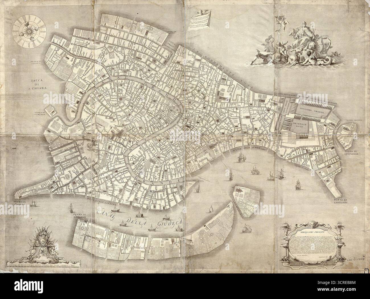 Mappa pittorica di Venezia di Lodovico Ughi intitolata rappresentazione pittorica della città illustre di Venezia, dedicata alla Serenissima Repubblica di Venezia. Italia. 1729. Foto Stock