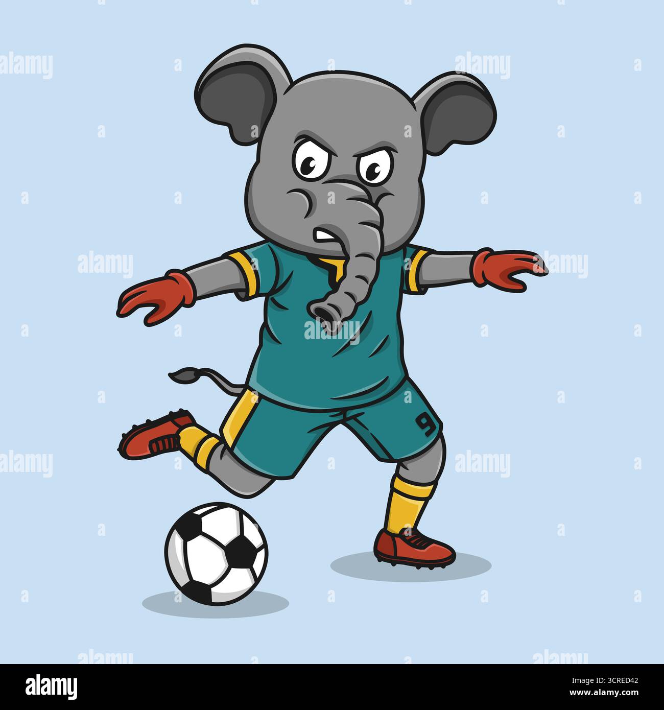 Elefante cartoni animati che gioca a calcio, indossa una maglia verde e guanti rossi. Illustrazione Vettoriale