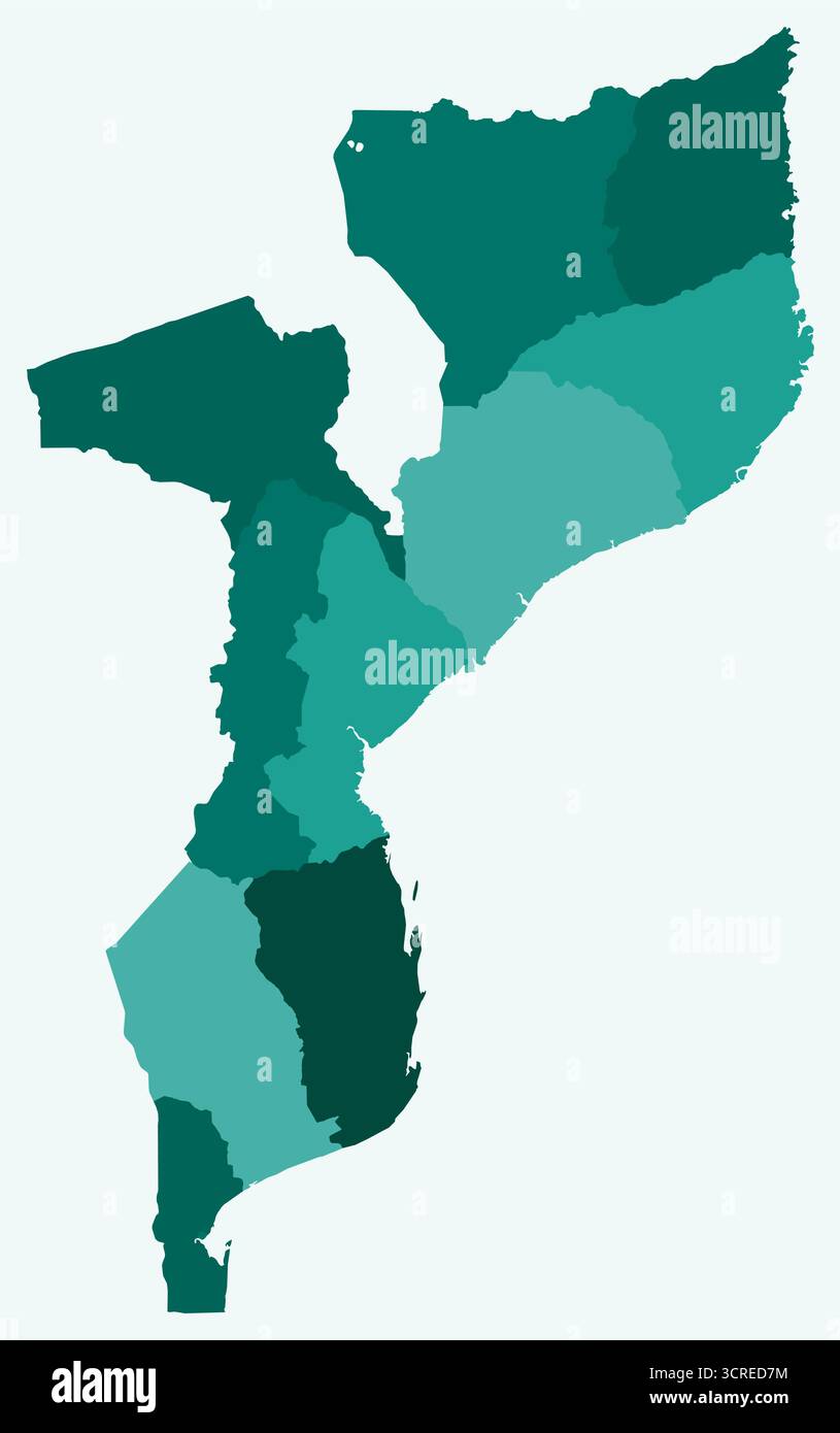 Mappa del Mozambico con le regioni. Solo una semplice mappa di confine con la divisione della regione. Tavolozza dei colori ottanio. Illustrazione Vettoriale