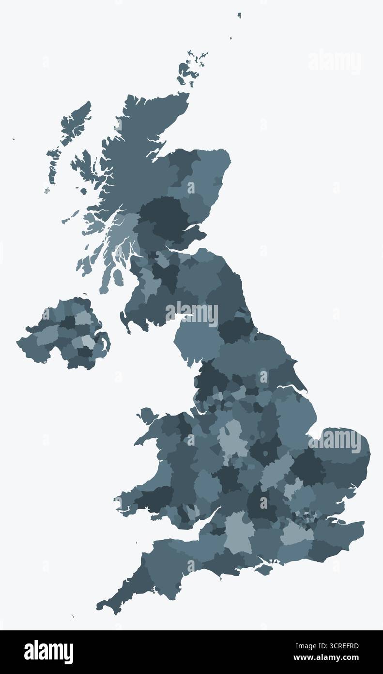 Mappa del Regno Unito con le regioni. Solo una semplice mappa di confine con la divisione della regione. Tavolozza dei colori blu/grigio. Illustrazione Vettoriale