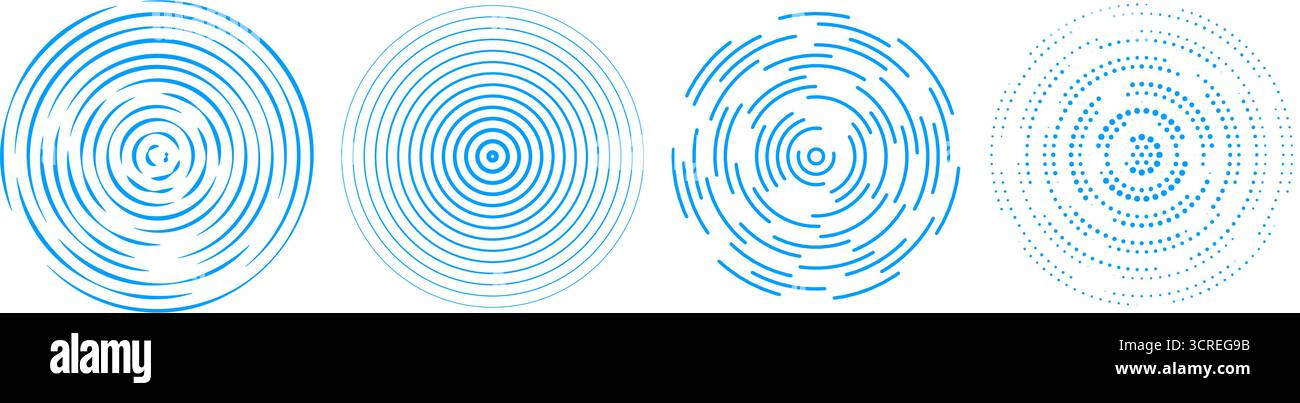 Gruppo di cerchi concentrici radiali blu. Raccolta del segnale delle onde sonore. Mezzitoni, anelli tratteggiati e punteggiati per epicentro, bersaglio, radar, terremoto, simbolo dello tsunami. Elementi di vibrazione estensivi di ondulazione vettoriale Illustrazione Vettoriale