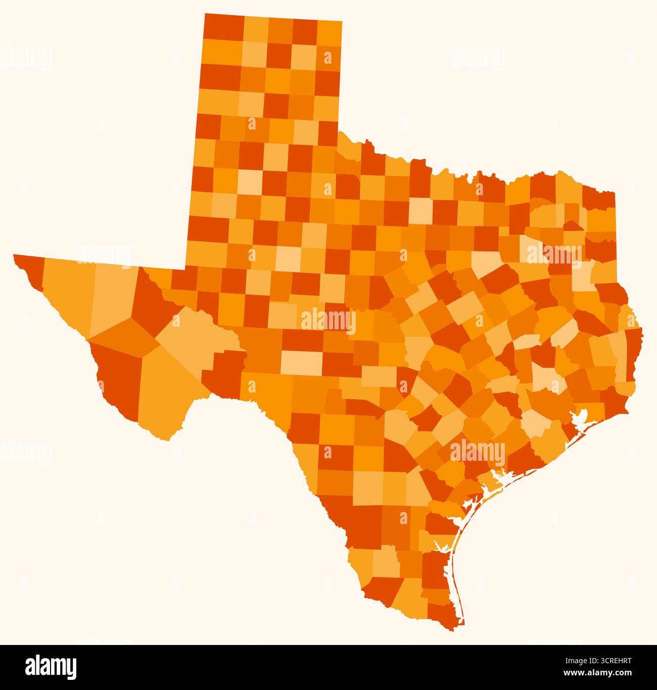 Mappa del Texas con le contee. Solo una semplice mappa del confine di stato con la divisione della contea. Tavolozza dei colori arancione. Illustrazione Vettoriale