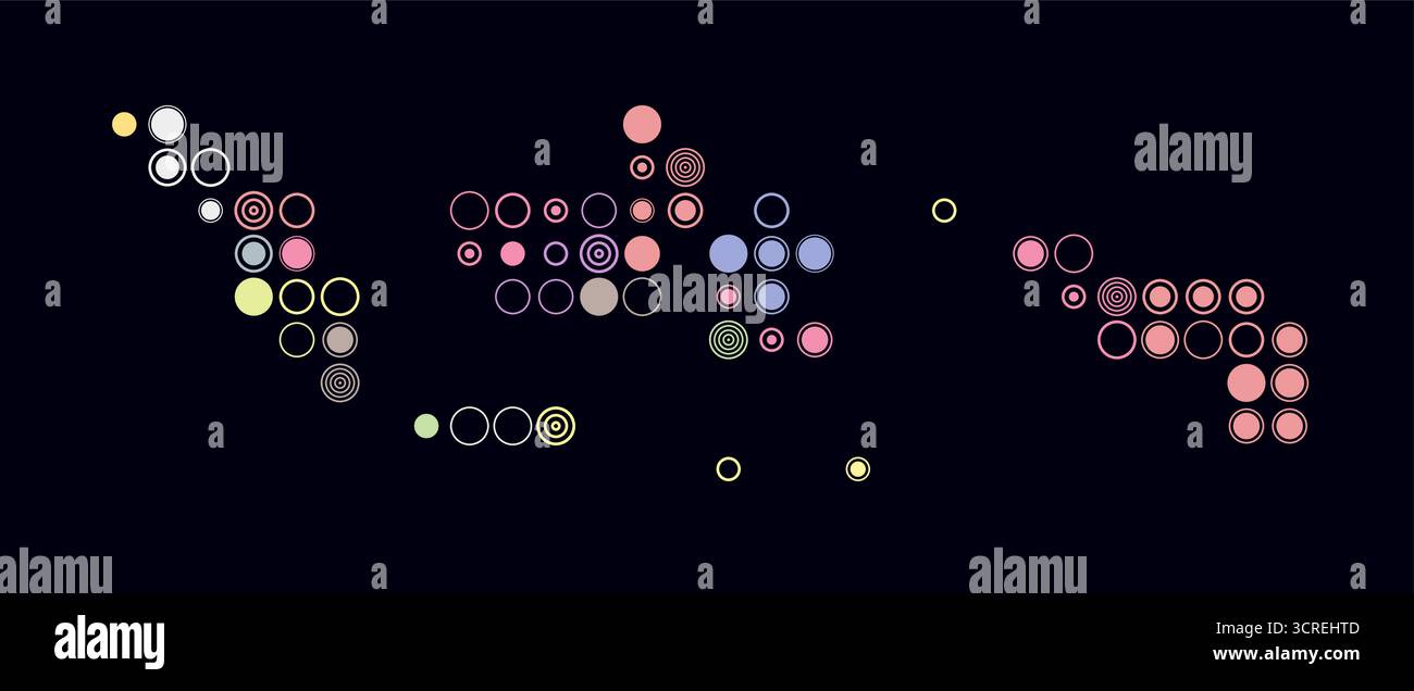 Indonesia, forma del paese costruito di celle colorate. Mappa in stile digitale dell'Indonesia su sfondo scuro. Blocchi circolari di grandi dimensioni. Illustrazione Vettoriale