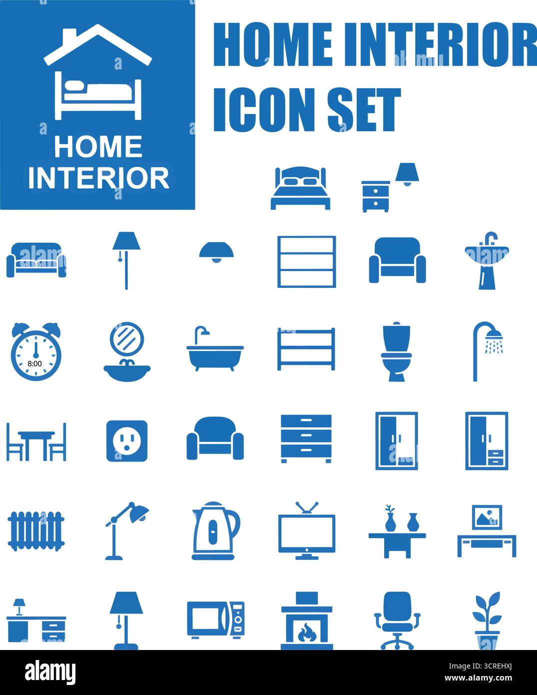 Set di icone per interni - mobili, decorazioni per la casa, soggiorno, cucina e bagno simboli - Stock Vector Illustrazione Vettoriale