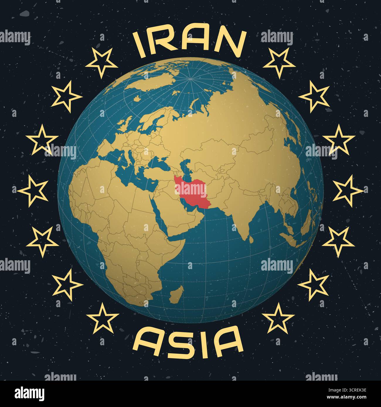 Repubblica Islamica dell'Iran su Globe. Nome del paese testo rotondo. Look vintage con texture graffiata graffiata. Illustrazione Vettoriale