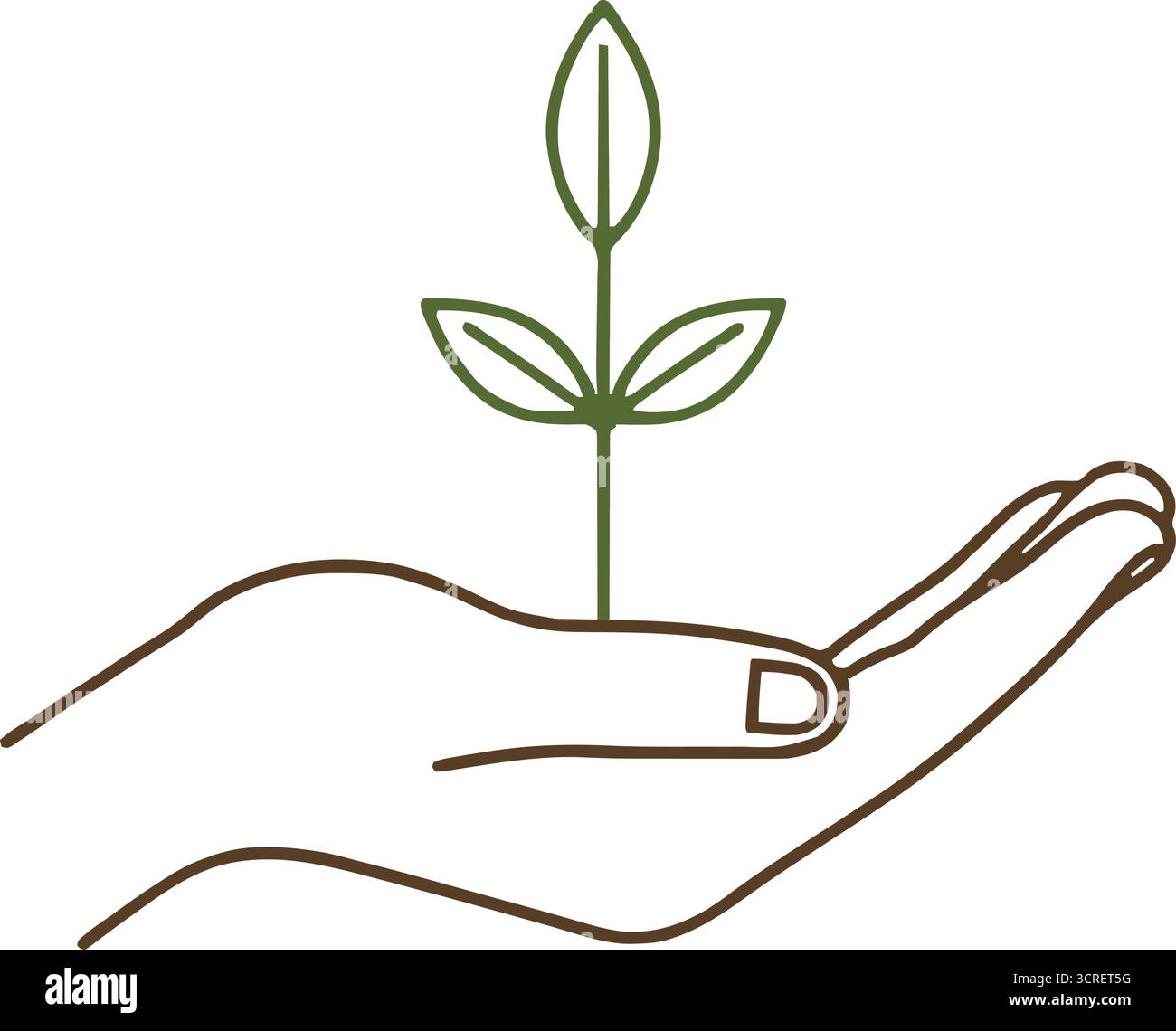 Hand Holding Growing Plant – Eco-friendly Line Art simboleggia sostenibilità, tutela dell'ambiente, crescita organica, protezione della natura e Green Initia Illustrazione Vettoriale