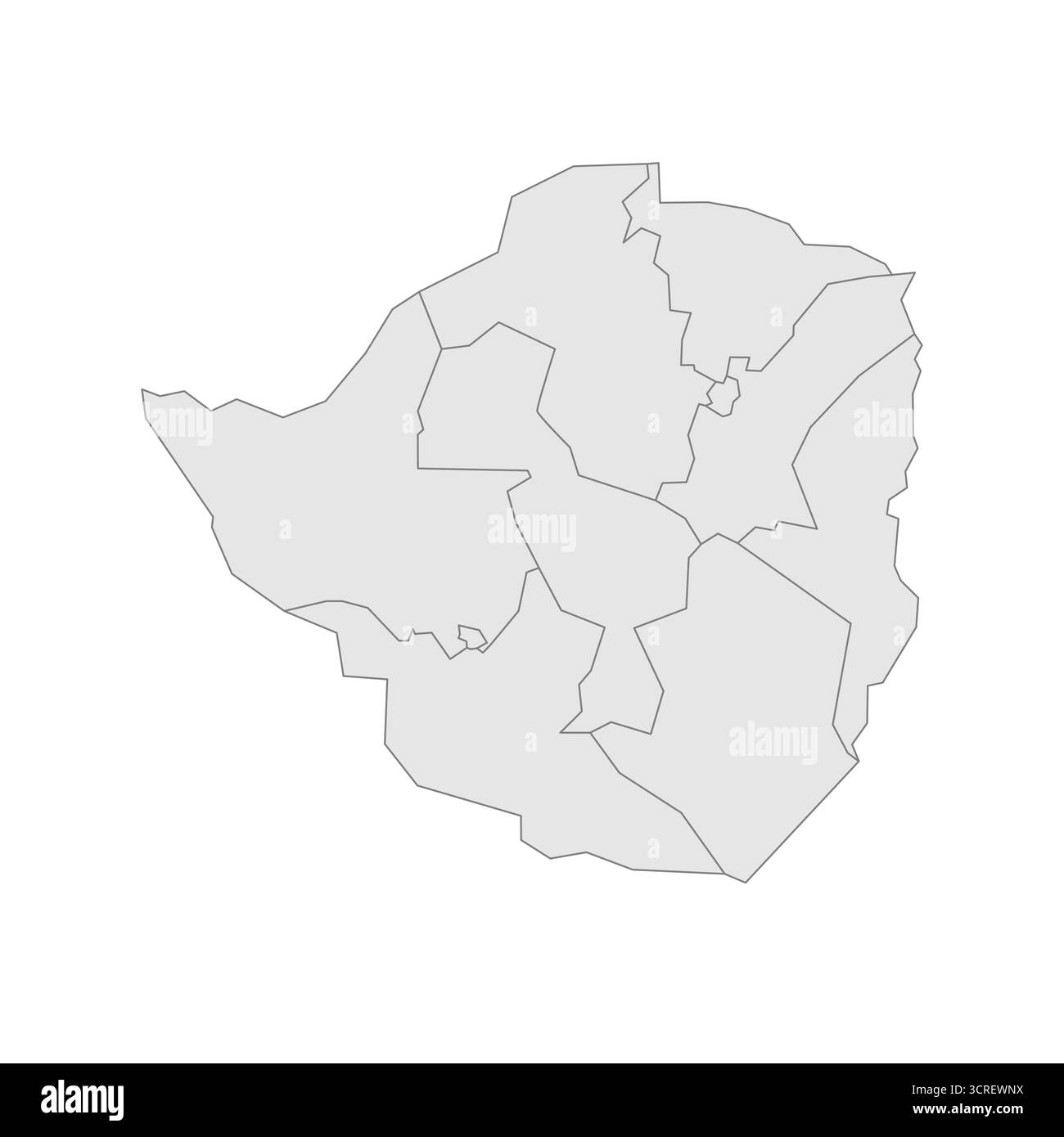Mappa politica dello Zimbabwe delle divisioni amministrative - province. EPS mappa modificabile con vettore vuoto grigio. Illustrazione Vettoriale
