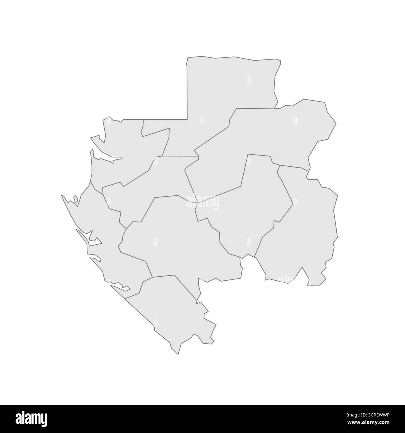 Mappa politica del Gabon delle divisioni amministrative - province. EPS mappa modificabile con vettore vuoto grigio. Illustrazione Vettoriale