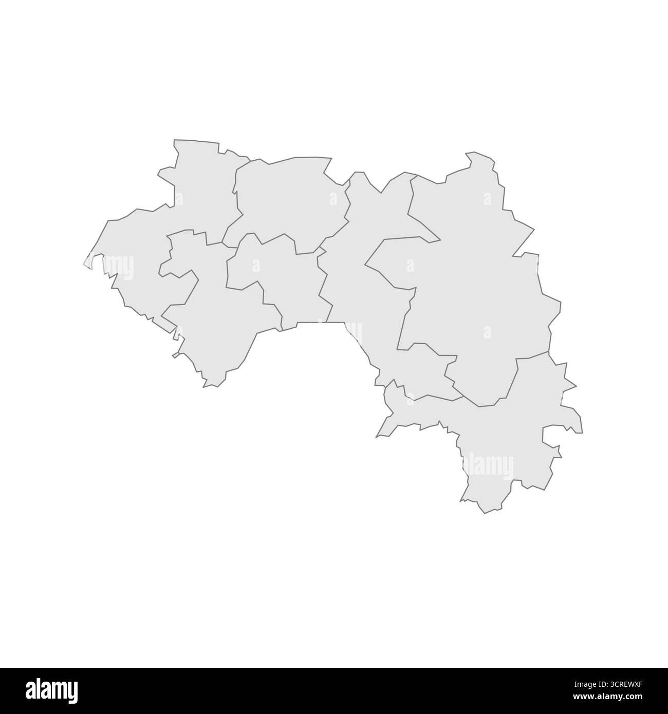 Mappa politica della Guinea delle divisioni amministrative - regioni. EPS mappa modificabile con vettore vuoto grigio. Illustrazione Vettoriale