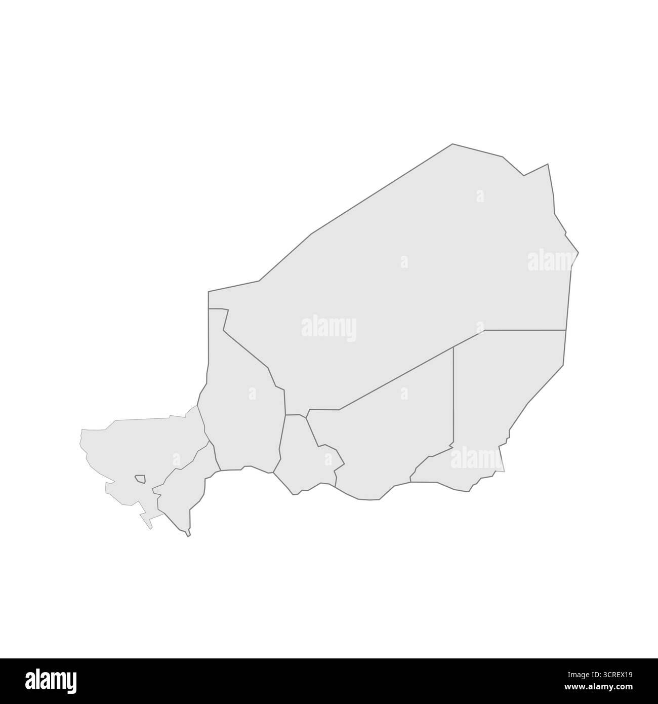 Mappa politica del Niger delle divisioni amministrative - regioni e capitale di Niamey. EPS mappa modificabile con vettore vuoto grigio. Illustrazione Vettoriale