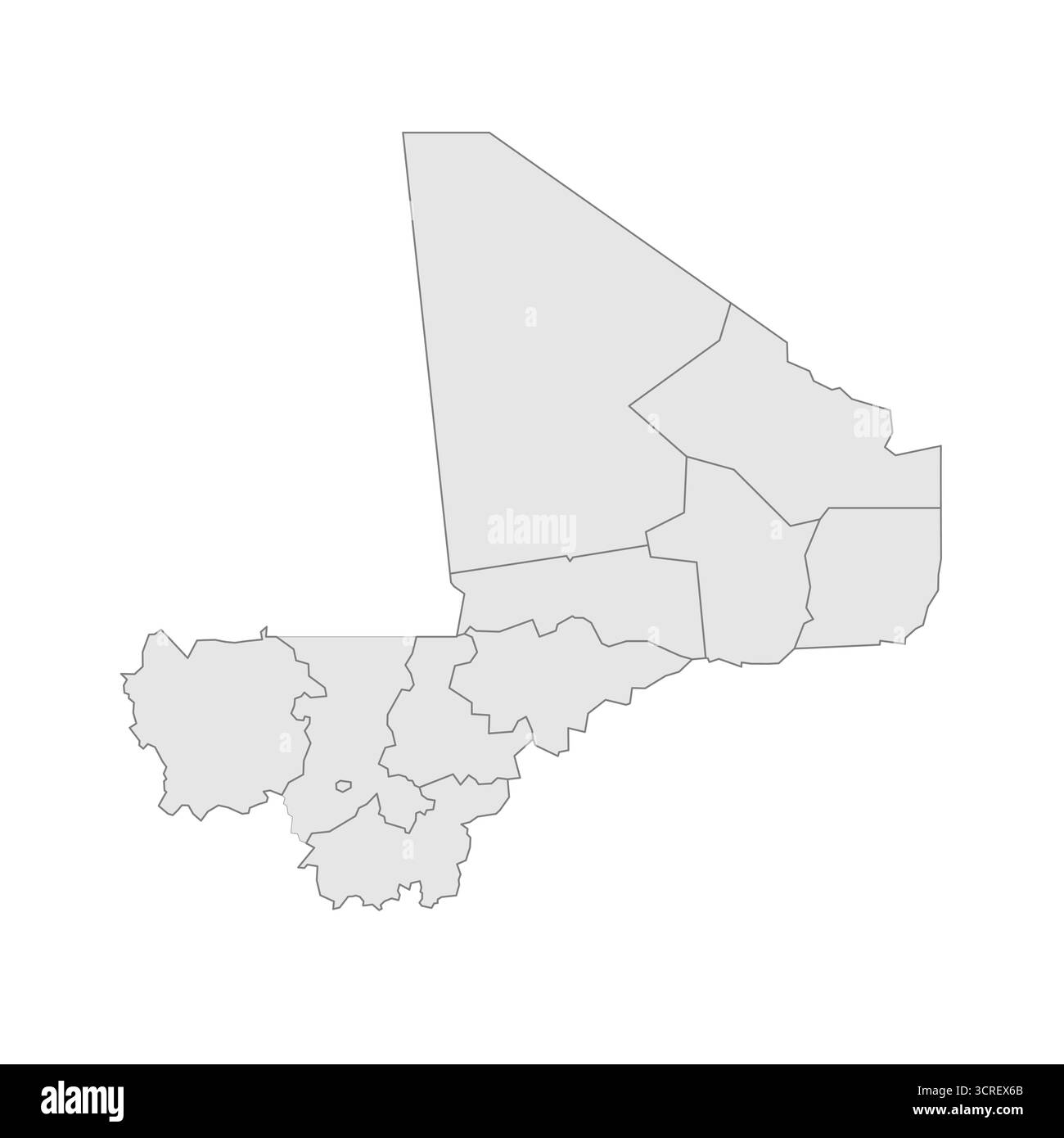 Mappa politica del Mali delle divisioni amministrative - regioni e distretto della capitale di Bamako. EPS mappa modificabile con vettore vuoto grigio. Illustrazione Vettoriale